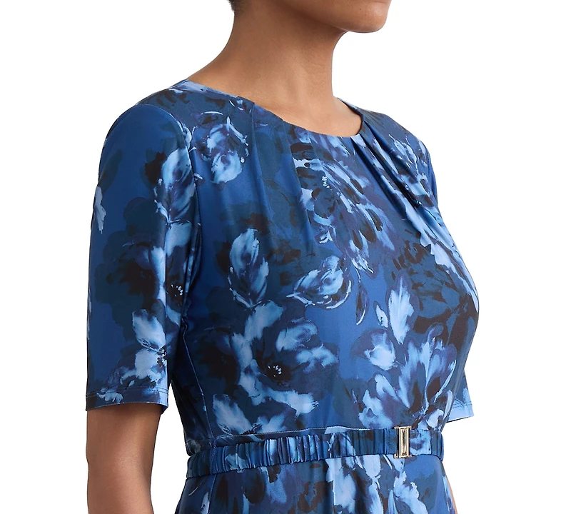 Kasper Women's Pleat-Neck Belted Short-Sleeve Dress