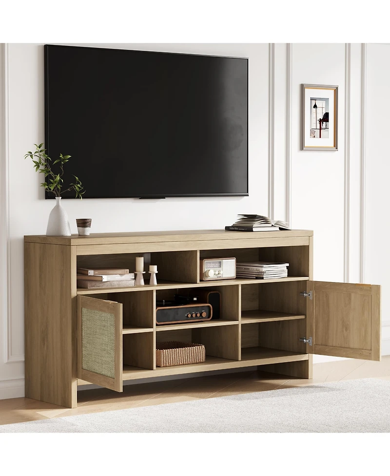 homfan Farmhouse Rattan Tv Console with Cable Management, Adjustable Shelves, Open and Enclosed Storage, Water-Resistant Top, Rustic Media Stand