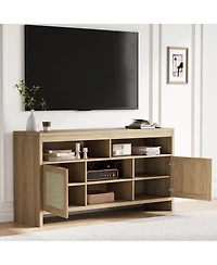 homfan Farmhouse Rattan Tv Console with Cable Management, Adjustable Shelves, Open and Enclosed Storage, Water-Resistant Top, Rustic Media Stand