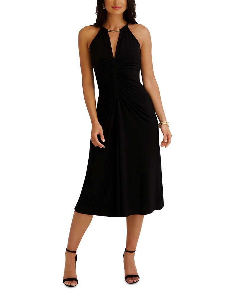 Siena Women's Ruched Halter V-Neck Midi Dress