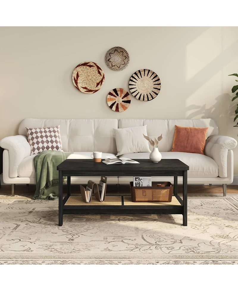 Two-Tier Rectangular Coffee Table with Perforated Lower Storage Shelf, Minimalist Frame Design Multi-Purpose Accent for Living Room