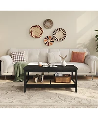 Two-Tier Rectangular Coffee Table with Perforated Lower Storage Shelf, Minimalist Frame Design Multi-Purpose Accent for Living Room