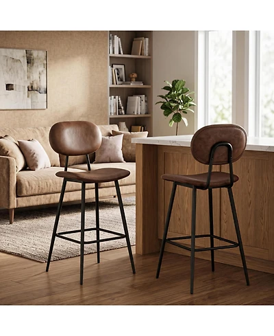 Set of 2 Counter Height Bar Stools, Upholstered Leather Seat with High Backrest, Sturdy Metal Legs, Modern Kitchen Island Chairs, Dark Brown