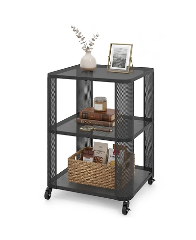 Gymax 3-Tier End Table With Wheels Rolling Side Table With Open Storage Shelves Metal Frame