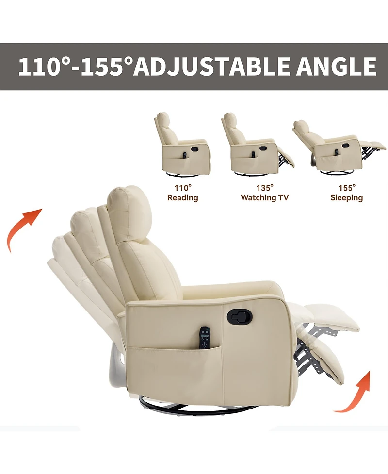 Clihome Heat Massage Manual Recliner Chair with Rocker and Swivel Faux Leather for Living Room