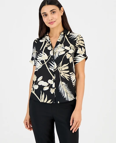 Anne Klein Essentials Petite Printed Button-Front Top
