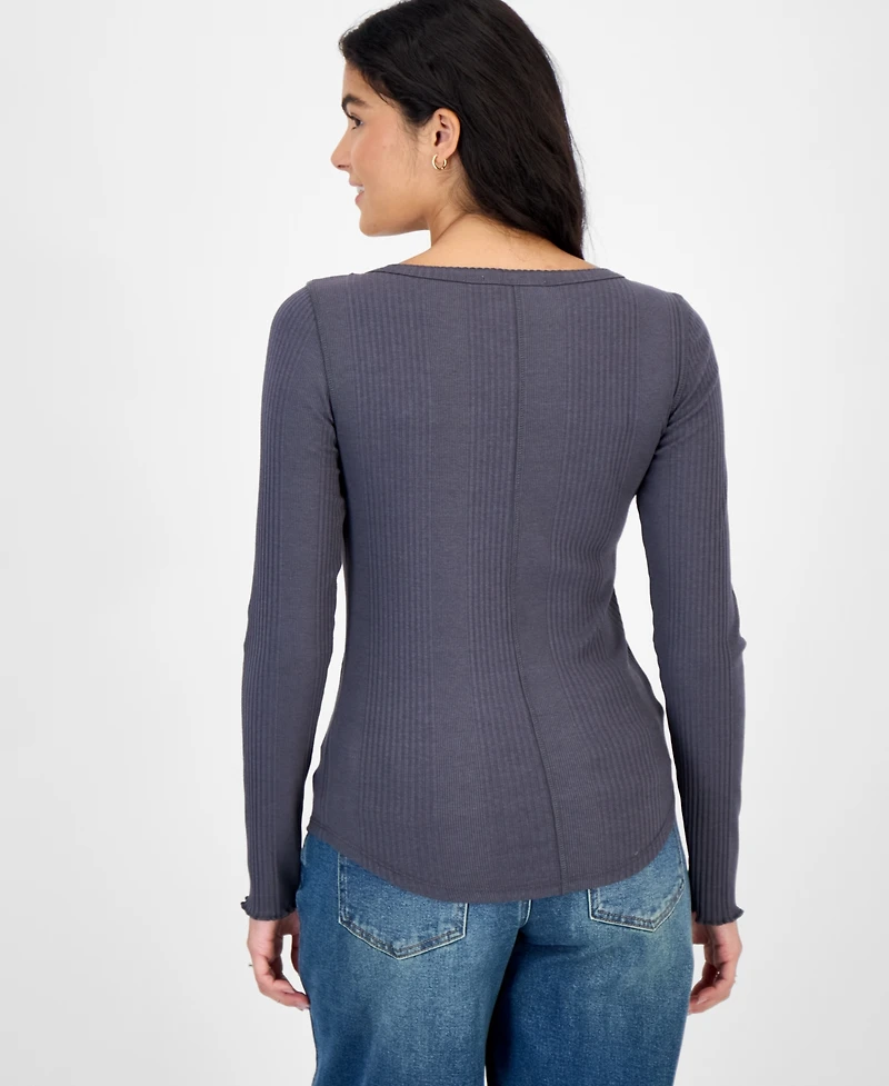 Hippie Rose Juniors' Layered-Look Henley Ribbed Long-Sleeve Top