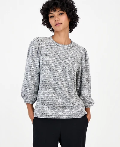 Anne Klein Essentials Petite 3/4-Balloon Sleeve Boucle-Knit Top