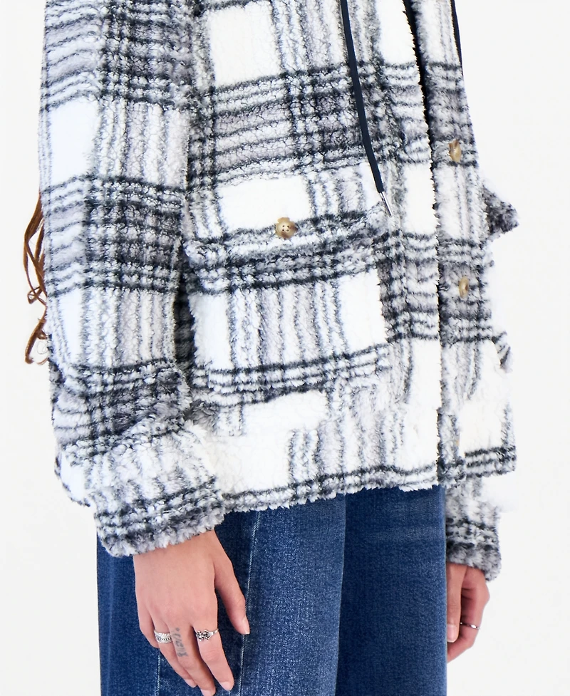 Madden Girl Juniors' Sherpa-Lined Plaid Hooded Shacket