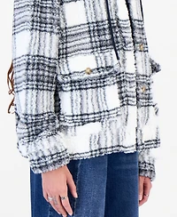 Madden Girl Juniors' Sherpa-Lined Plaid Hooded Shacket