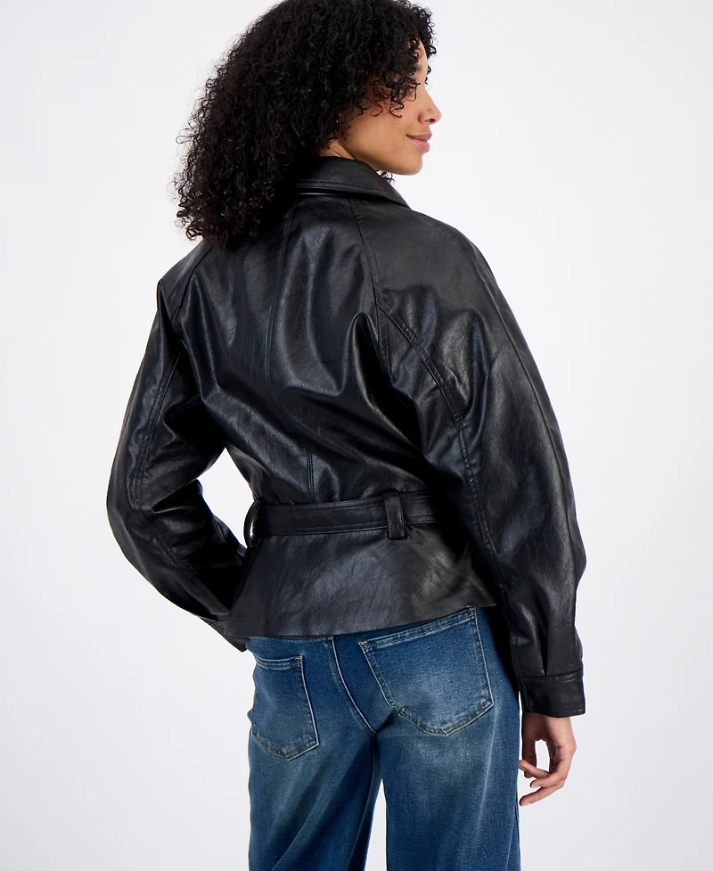 Madden Girl Juniors' Faux Leather Trench Zip-Front Jacket