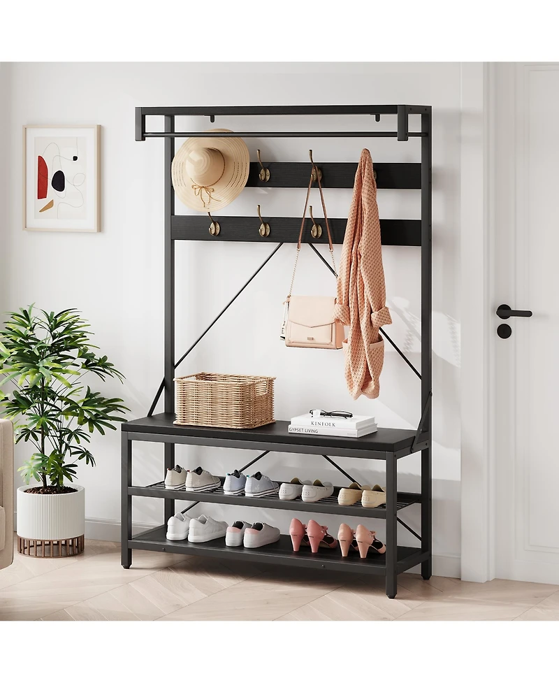 homfan Multifunctional Hall Tree Coat Rack, Heavy Duty Steel Wood Entryway Storage Bench with Hooks and Shelves