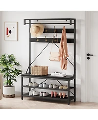 homfan Multifunctional Hall Tree Coat Rack, Heavy Duty Steel Wood Entryway Storage Bench with Hooks and Shelves