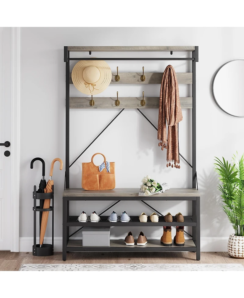 homfan Multifunctional Hall Tree Coat Rack, Heavy Duty Steel Wood Entryway Storage Bench with Hooks and Shelves