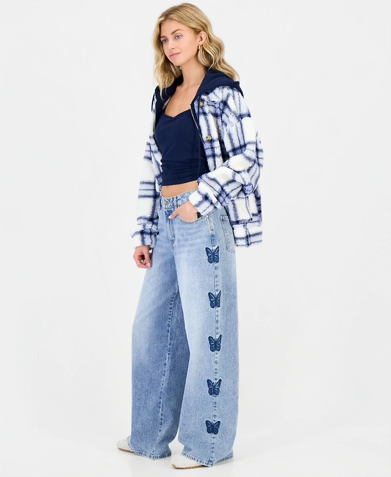 Madden Girl Juniors' 90s Skater High-Rise Wide-Leg Butterfly Embroidery Jeans