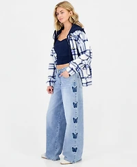 Madden Girl Juniors' 90s Skater High-Rise Wide-Leg Butterfly Embroidery Jeans