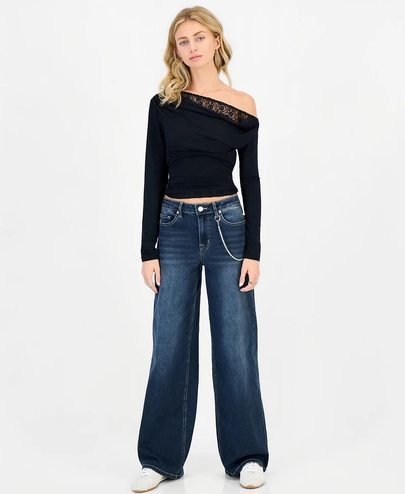 Madden Girl Juniors' 90s Wide Leg Rhinestone-Chain High-Waisted Cotton-Blend Jeans