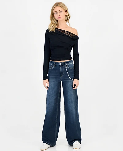 Madden Girl Juniors' 90s Wide Leg Rhinestone-Chain High-Waisted Cotton-Blend Jeans