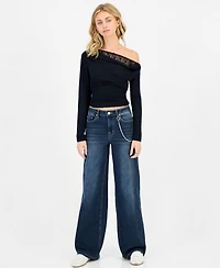 Madden Girl Juniors' 90s Wide Leg Rhinestone-Chain High-Waisted Cotton-Blend Jeans