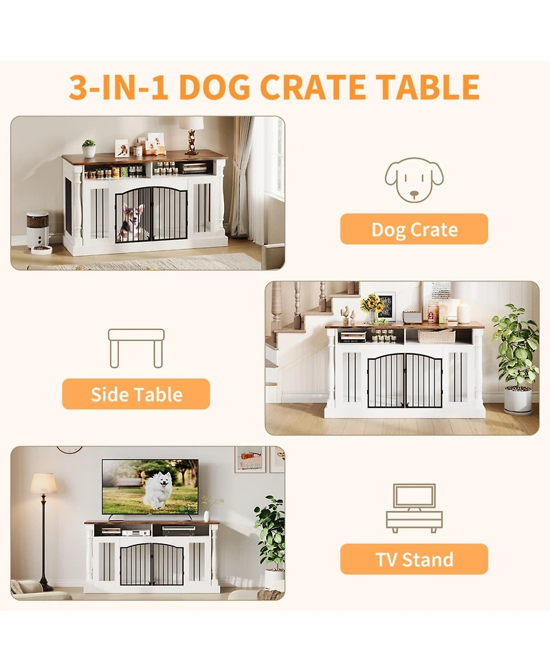 63" Large Dog Crate for 2 Dogs, Roman Column Kennel with Open Storage Small Medium Cage Table Tv Stand, Entertainment Center