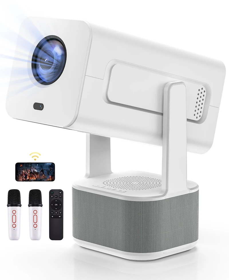 Sugift Mini Projector with WiFi 6 and Bluetooth 5.2 Built-in Apps for Bedroom Portable Projector Smart Keystone 1080P 4K Support with 2 Wireless Mics