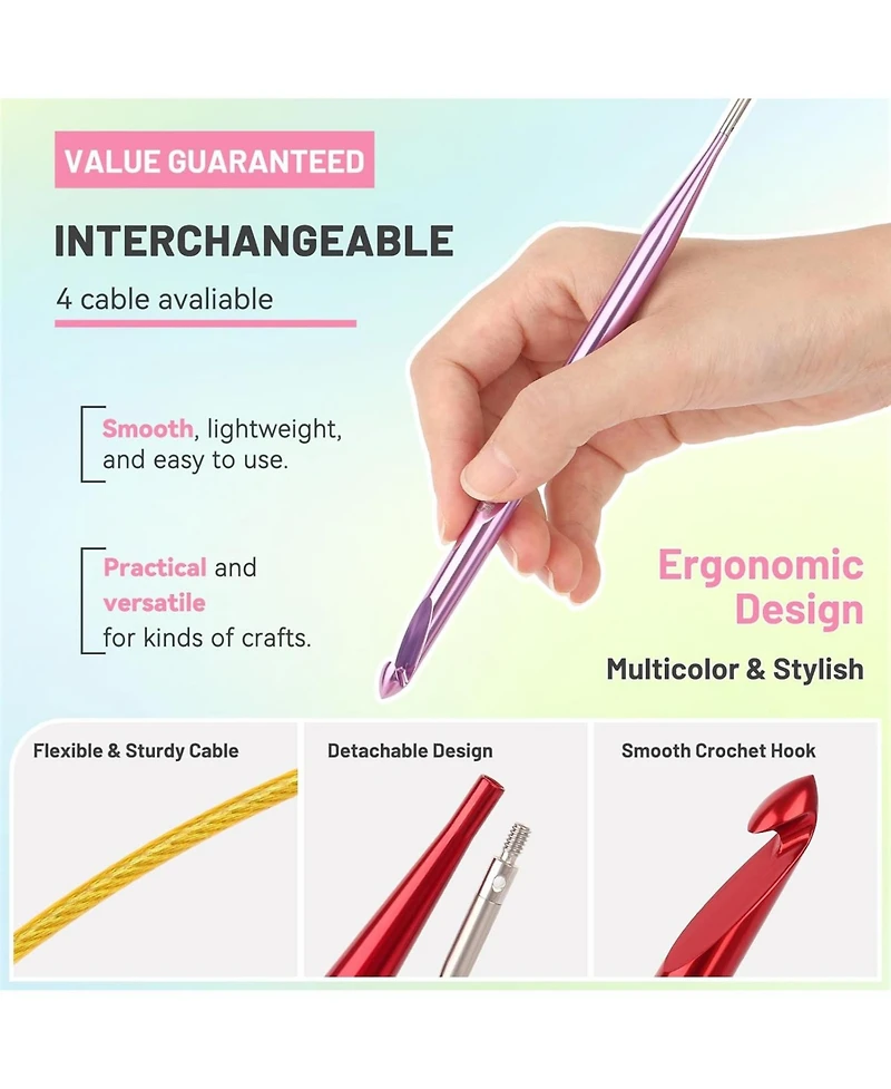 Aeelike Interchangeable Tunisian Crochet Hooks Set, 12 Sizes with Cables 3.0mm - 10.0mm Smooth Ergonomic Hook for Making Blanket Scarves, Ideal Gift