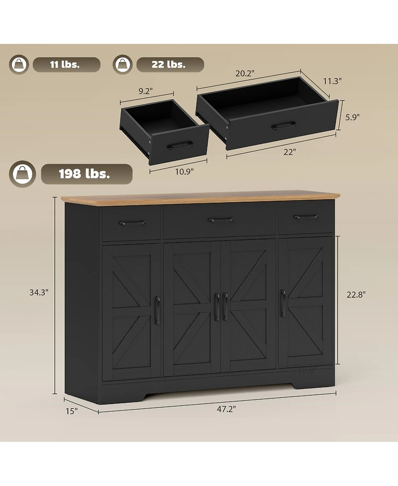Homcom Farmhouse Sideboard with Soft-Close Hinges, Kitchen Buffet Cabinet