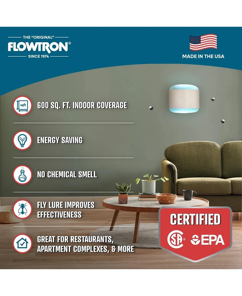 Flowtron Fly Trap Indoor Wall Sconce, Electric Insect Killer, 40W Uv, Sticky Strips, 600 Sq Ft, Home