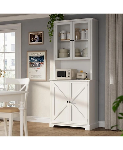 gaomon 72 Inch Tall Kitchen Hutch Cabinet with Glass Doors, 41 Inch Wide Freestanding Storage Cabinet with Charging Station and Led Lights