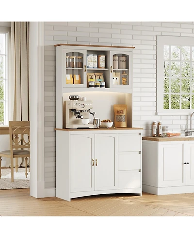 gaomon Kitchen Pantry Cabinet with Led Lights and Charging Station, 71 Inch Tall Kitchen Hutch Storage Cabinet with Countertop, 3 Drawers, 4 Doors
