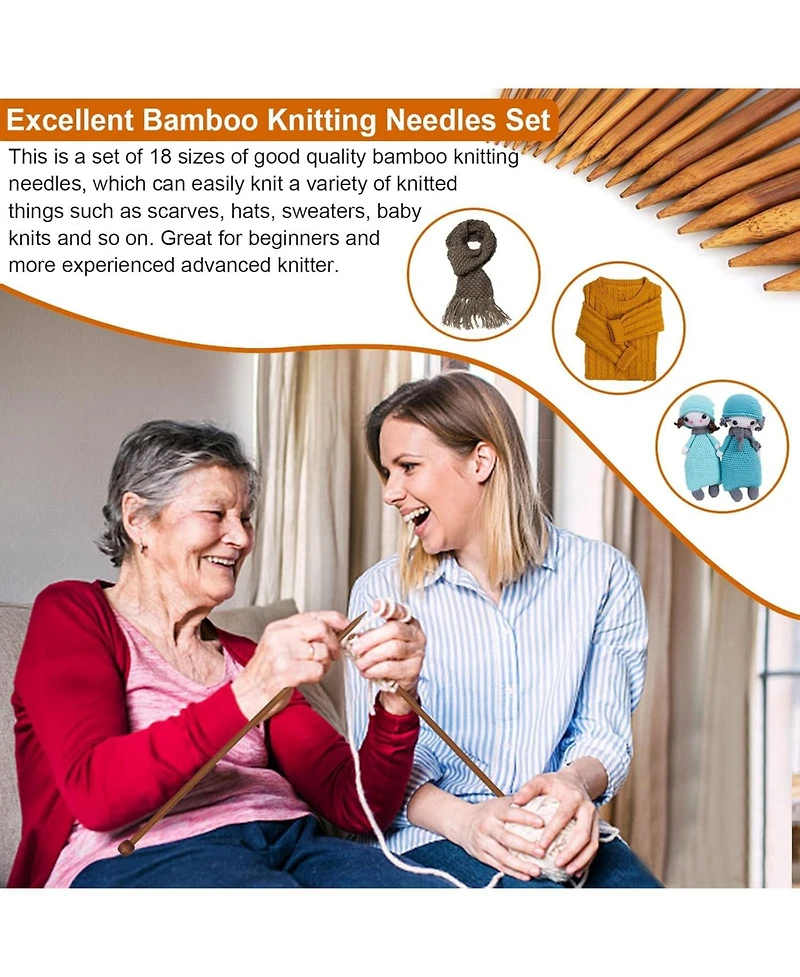 Aeelike 18 Pairs Bamboo Knitting Needles Set - 10 Inches Wooden Single Point Needles with Roll Bag - Portable Knitting Needle Set for Beginners