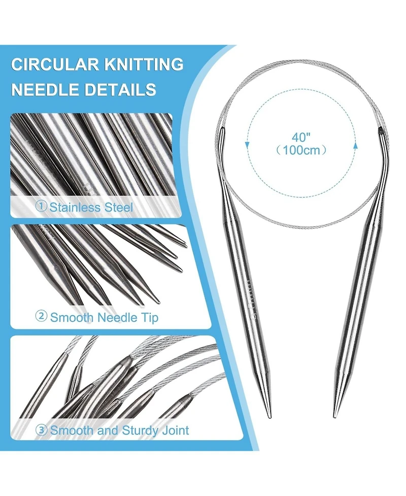 Aeelike Circular Knitting Needles Set - Stainless Steel - 9 Pack (40-inch) for Blankets, Scarves, Sweaters - for Beginners