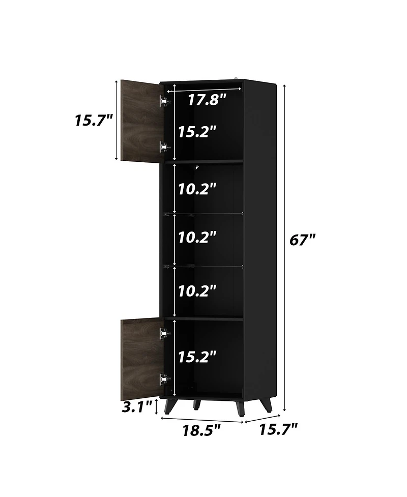 Homsee Tall Bookcase with Glass Doors and Led Light 71-Inch High Wooden Bookshelf with Storage Cabinets | Narrow Display Cabinet for Living Room