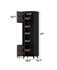 Homsee Tall Bookcase with Glass Doors and Led Light 71-Inch High Wooden Bookshelf with Storage Cabinets | Narrow Display Cabinet for Living Room