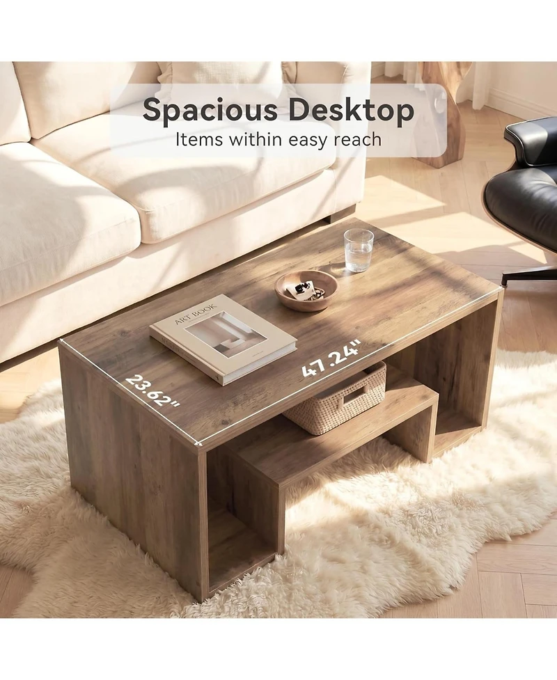 Tribesigns Rustic Coffee Table: 2-tier storage shelves, farmhouse rectangle wood with open cubbies for living room, entryway.