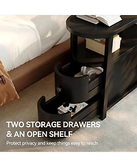 Tribesigns Solid Wood End Table with 2 Drawers and Open Shelf:No assembly required.Black side table for living room couch,slim nightstand for bedroom