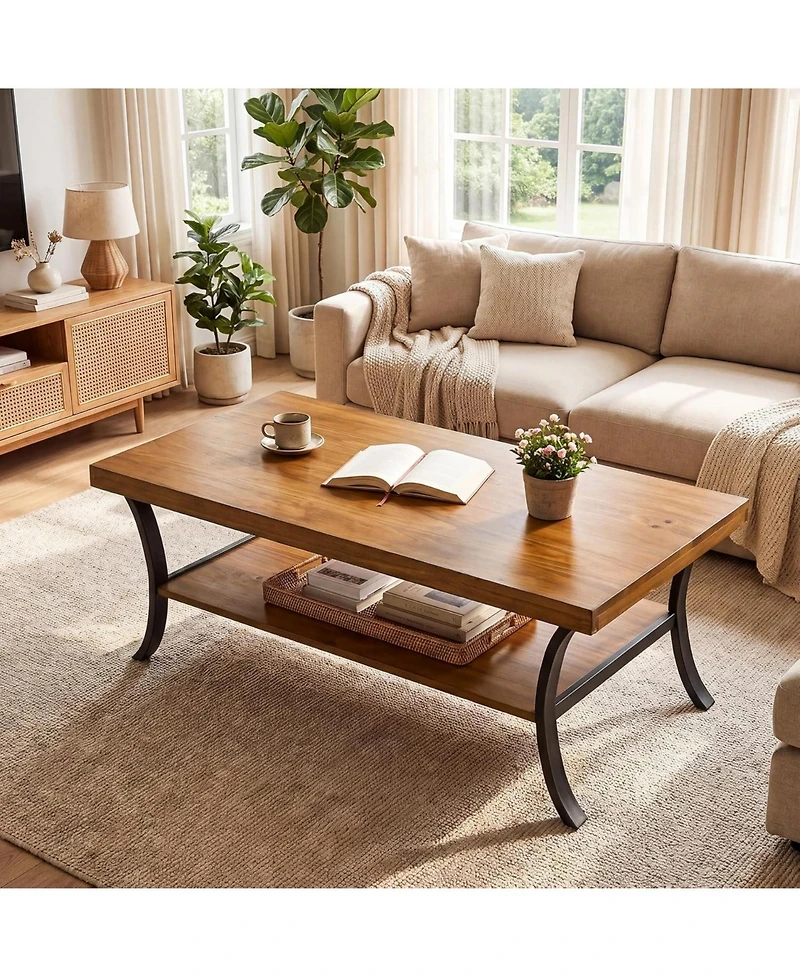 Tribesigns Farmhouse Coffee Table: 2-tier rectangular wood with storage shelf and curved metal legs. 47" center table for living room, home office