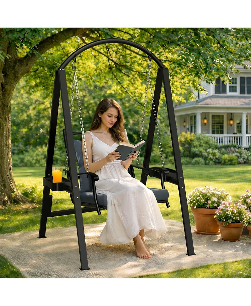 Pamapic 1 Person Porch Swing With Heavy-duty Metal Frame, Dual Side Trays And Adjustable Chains