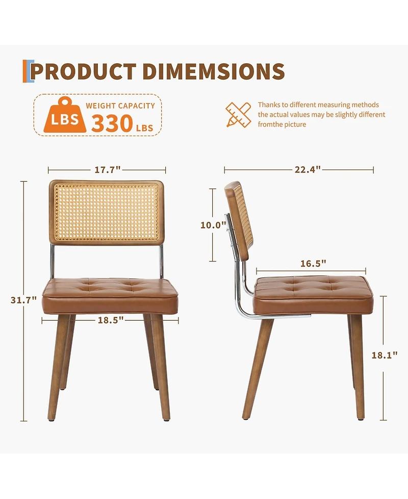 homfan Rattan Dining Chairs Set of 2, Pu Upholstered Tall Cane Back, Button Design, Wood Legs