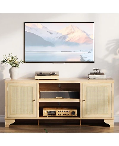 gaomon Rattan Tv Stand for Living Room Modern Entertainment Center Boho Media Console Table with Storage