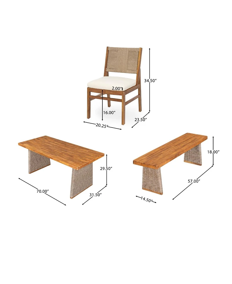 Asagikoiai 6-Piece Acacia Wood Outdoor Dining Set with Wicker Chairs and Bench