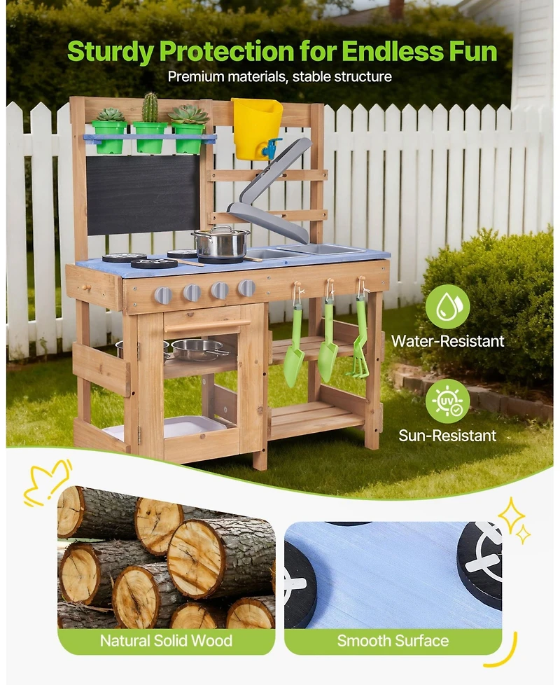Mecale Kids Outdoor Mud Kitchen, Wooden Play Kitchen with Stove, Hooks & Sink, Shovels, Spatulas, Handle, Cookware Pots & Accessories
