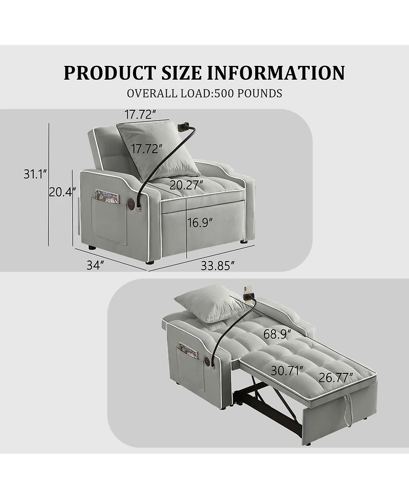 Clihome 3 In 1 Convertible Sleeper Sofa Chair Bed With Adjustable Backrest and Phone Holder