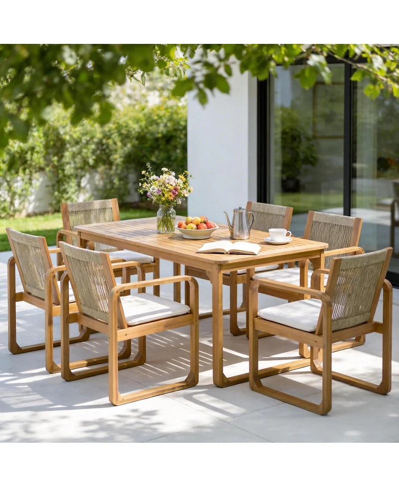 Asagikoiai 7-Piece Acacia Wood Outdoor Dining Set with Rope Chairsand Weather-Resistant Cushions