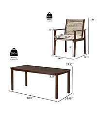 Asagikoiai 7-Piece Acacia Wood Outdoor Dining Set with Cushions and Wicker Chairs