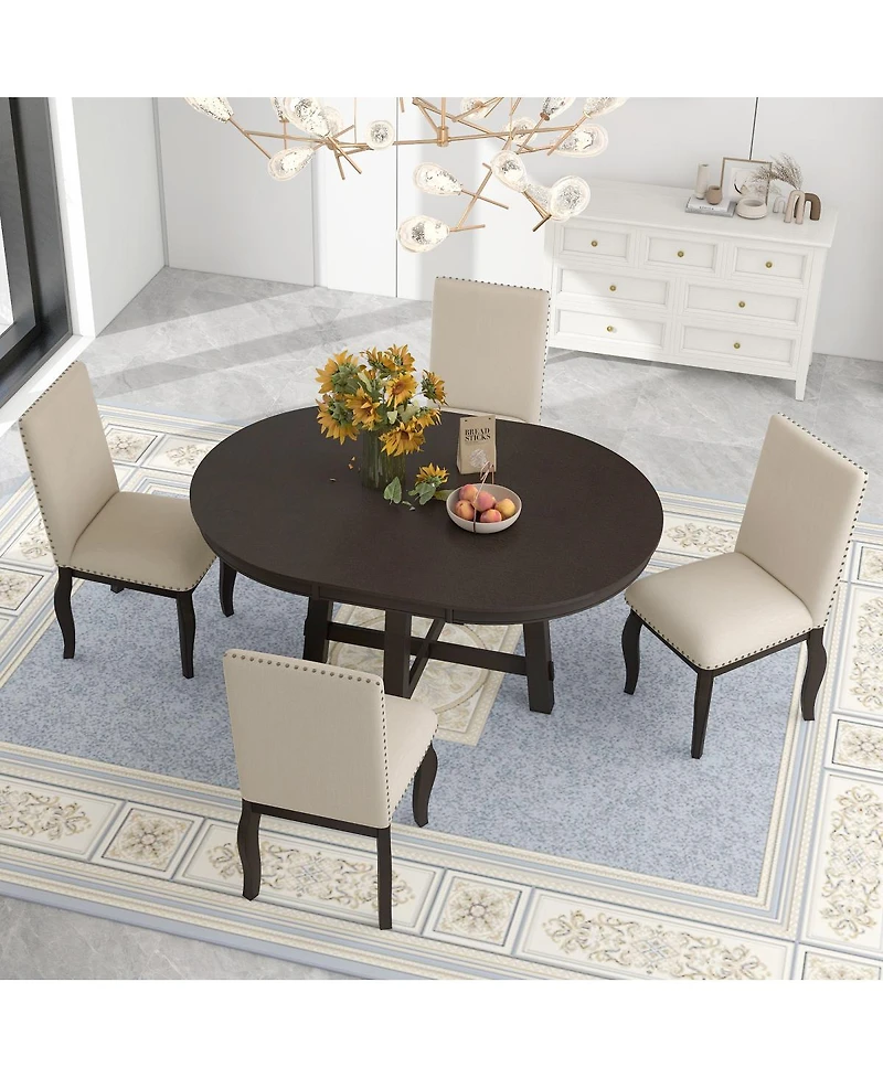 Streamdale Furniture 5-Piece Extendable Round Farmhouse Dining Set with 4 Upholstered Chairs