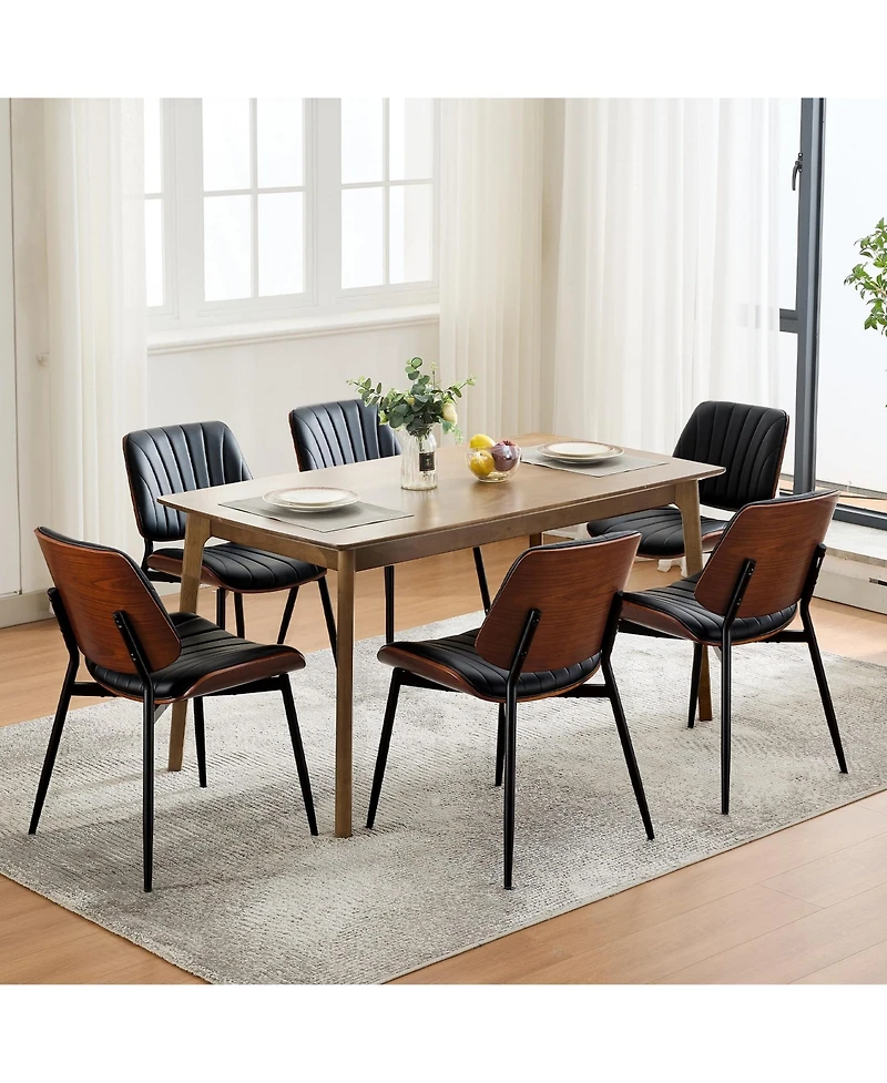 homfan Ergonomic Mid-Century Chairs Set of 6, Curved Walnut Backrest, Faux Leather Seat, Metal Legs, Modern Kitchen