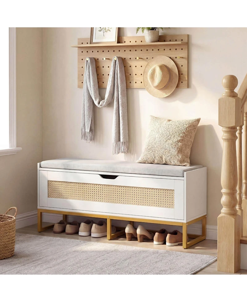 Costway 39.5" Rattan Storage Chest with Padded Seat, Flip-Top and Safety Hinges for Bedroom