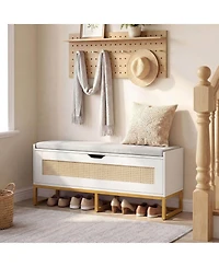 Costway 39.5" Rattan Storage Chest with Padded Seat, Flip-Top and Safety Hinges for Bedroom