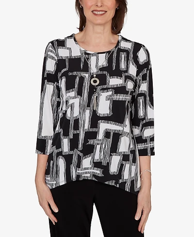 Alfred Dunner Petite Geo Boxes Puff Printed Top with Necklace